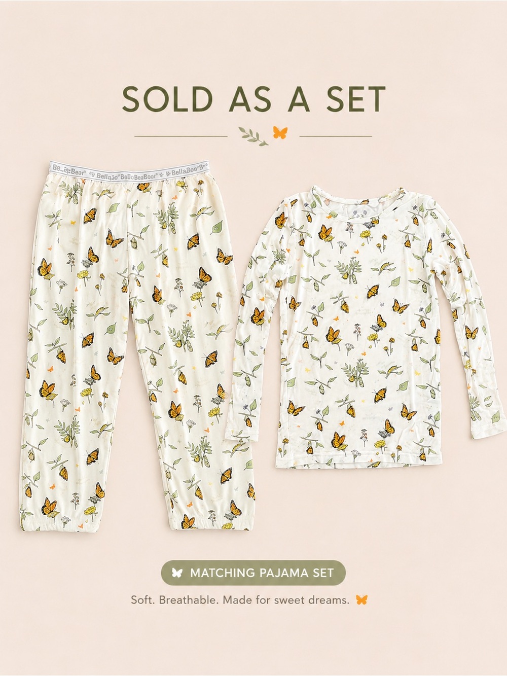 Bellabu Bear Bamboo Pajama Set – Butterfly Garden Print – Size 7/8Y